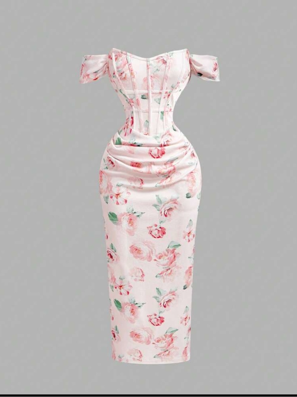 Floral Off-Shoulder Midi Dress in Blush Pink